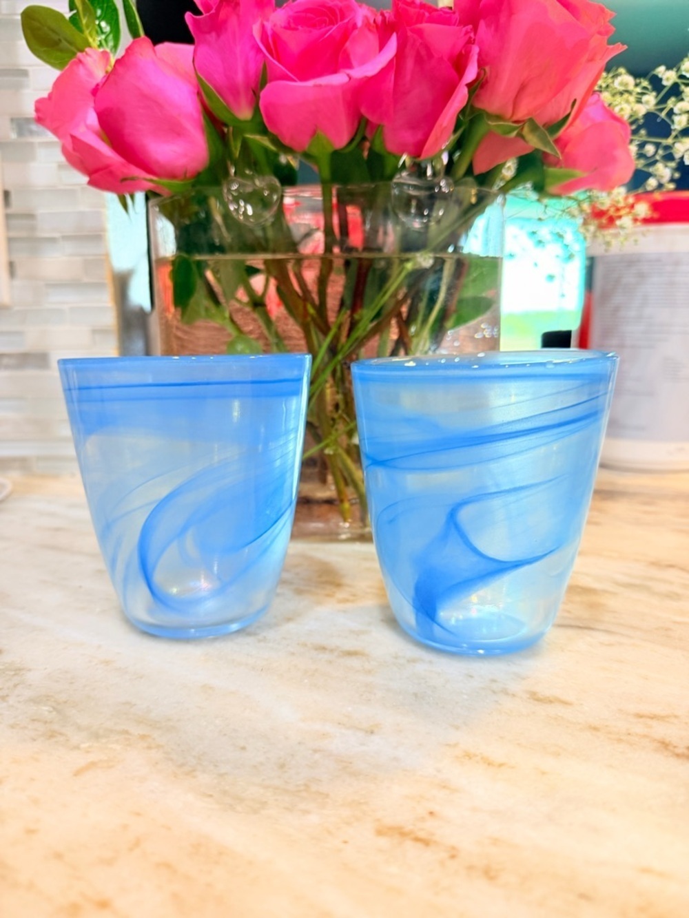 Set Of 2 Heavy Thick Glass Tumblers Blue Swirls Iridescent 15oz
